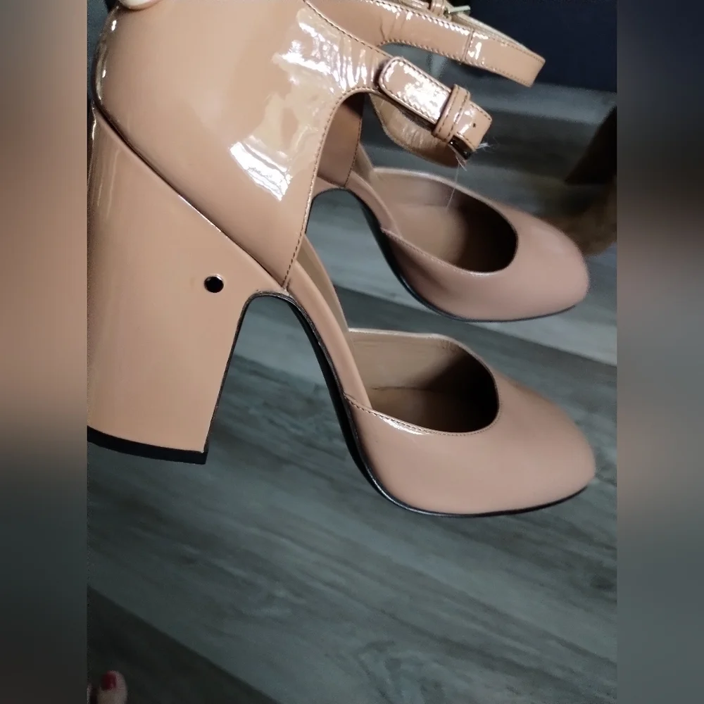 Laurence Dacade Nude Patent Leather Mary Jane Heels with Chunky Heel 9